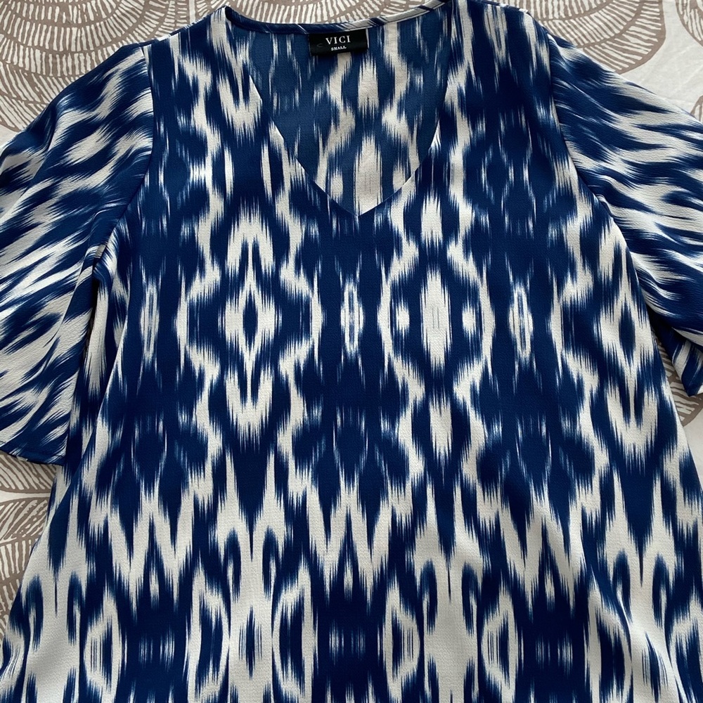 Blue and White Flutter Sleeve Blouse Small